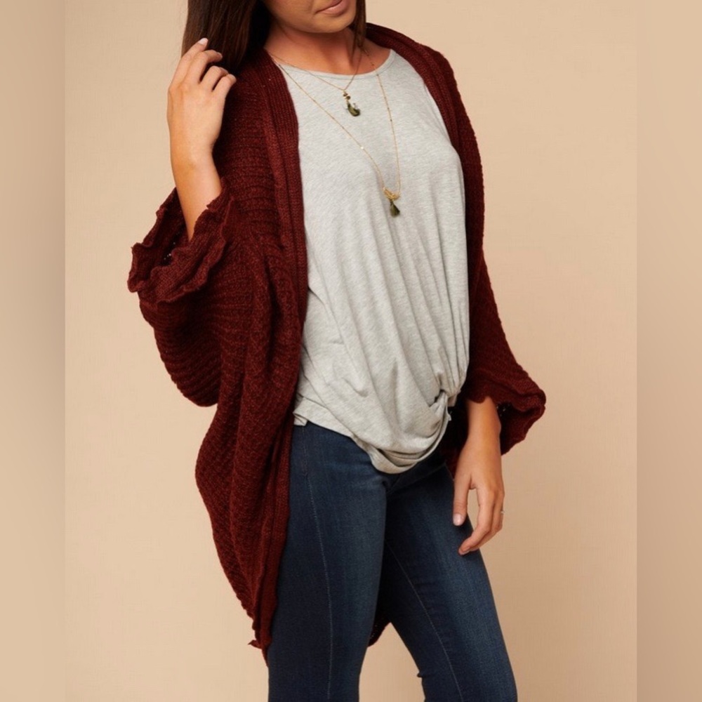 Maroon Waffle Knit Cocoon Cardigan Large